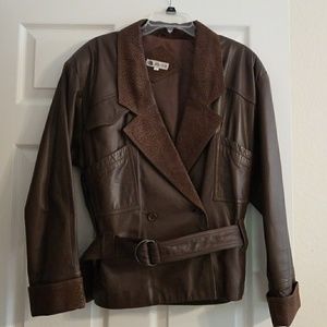 Genuine brown leather jacket with belt